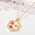 Gold Tone Hexagon Resin Pressed Flower Pendant Necklaces in Seven Designs view 10