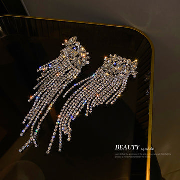 Silver Floral Crystal Waterfall Tassel Statement Earrings