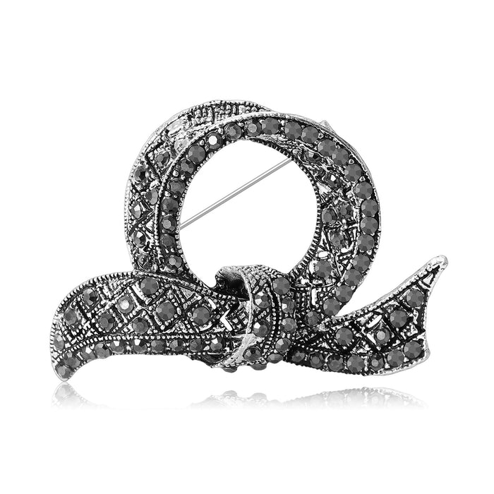 Black Crystal Looped Ribbon Brooch with Textured Details
