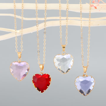 Gold Tone Faceted Heart Glass Pendant Necklaces in Four Colors