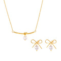Gold Bow Pearl Stud Earrings And Knot Bar Pearl Necklace view 5