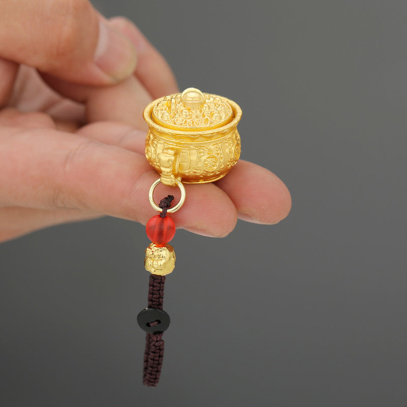 Brass Zodiac Wealth Bowl Keychain with Braided Pixiu Charm Cord