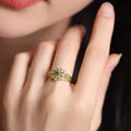 Gold Tone Openwork Flower Ring Green Center Stone Sizes 6-10 view 3