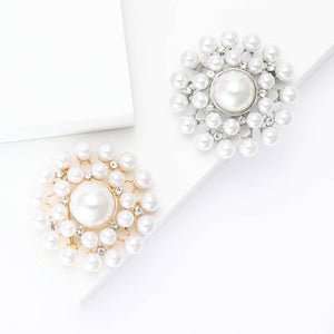 Round Faux Pearl Flower Brooch in Silver and Gold Tones