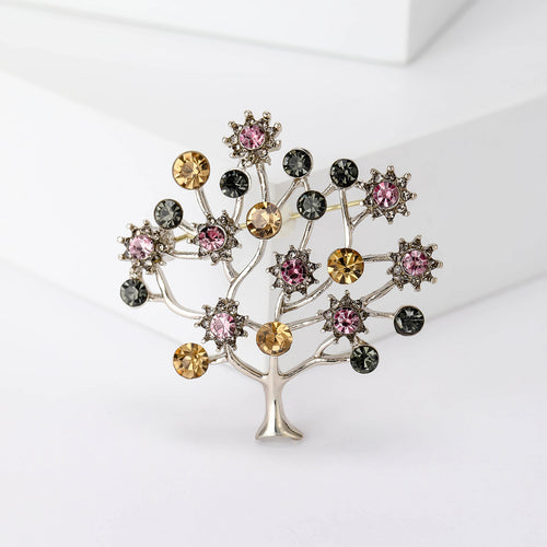 彩色水钻树形 brooch shown from the front on a white background