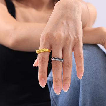 Rectangular Mountain Relief Signet Rings Gold and Steel Finishes