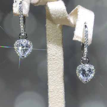 Silver Heart Halo Leverback Clear Drop Earrings Pair