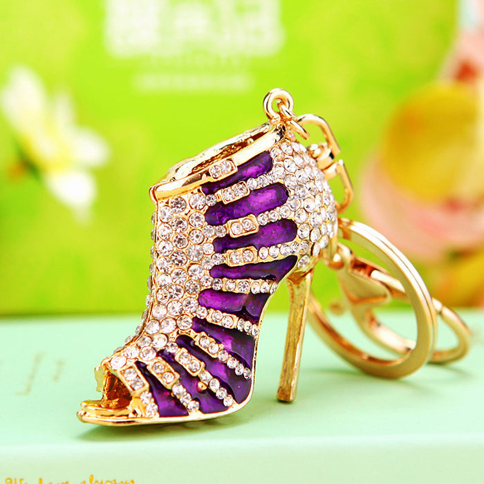 Jeweled Striped High Heel Keychain with Purple Enamel Panels