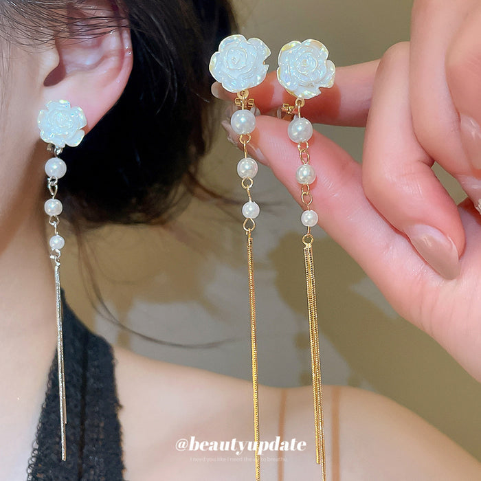 White Flower Pearl Threader Clip-On Earrings with Polished Metal Details