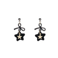 Black Fuzzy Bow and Star Outline Dangle Stud Earrings view 5
