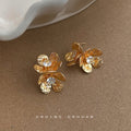 Gold Hammered Double Flower Stud Earrings Clear Crystal Centers view 3