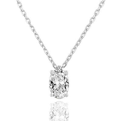 Silver oval clear CZ solitaire pendant necklace on white background
