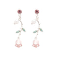 Pink Rose and Green Leaf Drop Earrings with Pearl Accents view 5