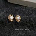 Gold Oval Pearl Frame Micro Crystal Stud Earrings Pair view 3