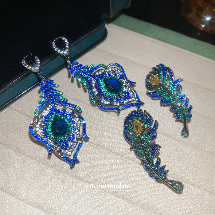 Blue Crystal Feather Drop Stud Earrings Decorative Jewelry Pair