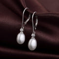 Silver Tone Oval Pearl Lever Back Drop Earrings CZ Accent view 2