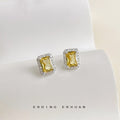 Silver Tone Yellow Rectangle Stone Clear Halo Stud Earrings view 1