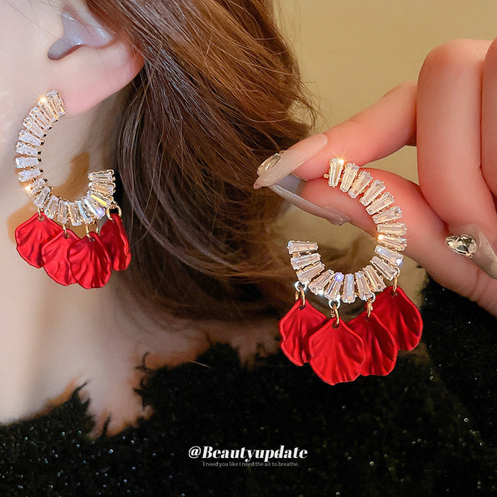 Red Petal and Crystal Open Hoop Drop Earrings Decorative Jewelry