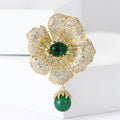 Green Center Flower Brooch With Hanging Bead With Polished Metal Detail view 2