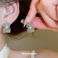 Crystal Flower C Shape Stud Earrings with Polished Metal Tone Details view 3
