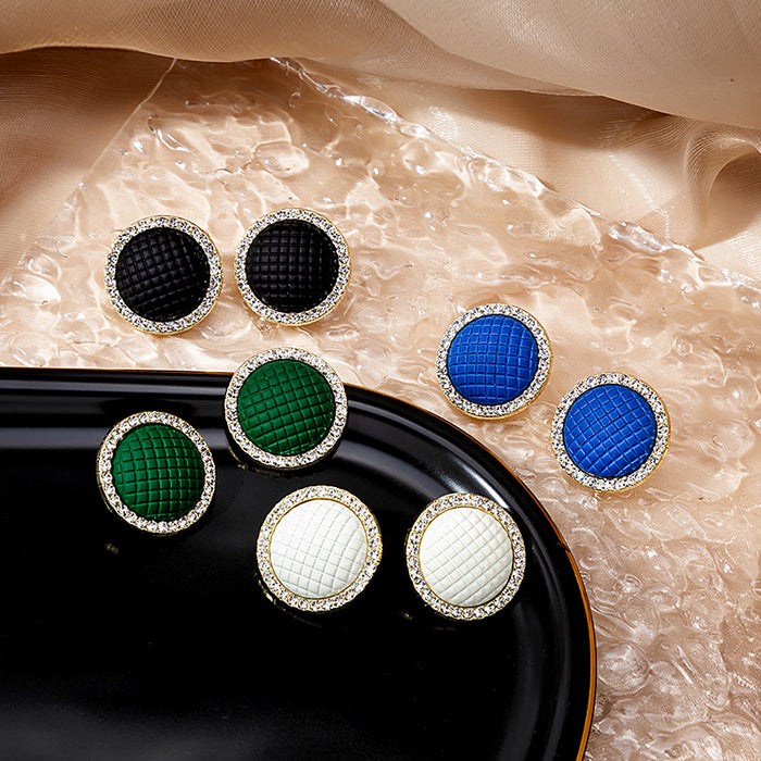 Blue Quilted Fabric Round Stud Earrings Crystal Gold Rim