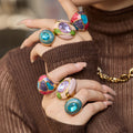 Oversized Enamel and Glass Statement Rings in Three Gold Tone Designs view 3