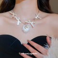 White Bird and Flower Statement Necklace with Crystal Pendant view 1