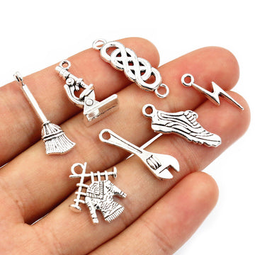 Assorted Tool Broom and Shoe Charms in Silver Tone Metal