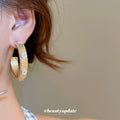 Gold Tone White Pave Wide C Shape Hoop Stud Earrings view 3