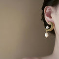 Antique Gold Tone Moon Star and Faux Pearl Drop Earrings view 4