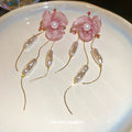 Pink Floral Pearl Chain Tassel Stud Earrings Fashion Jewelry view 3
