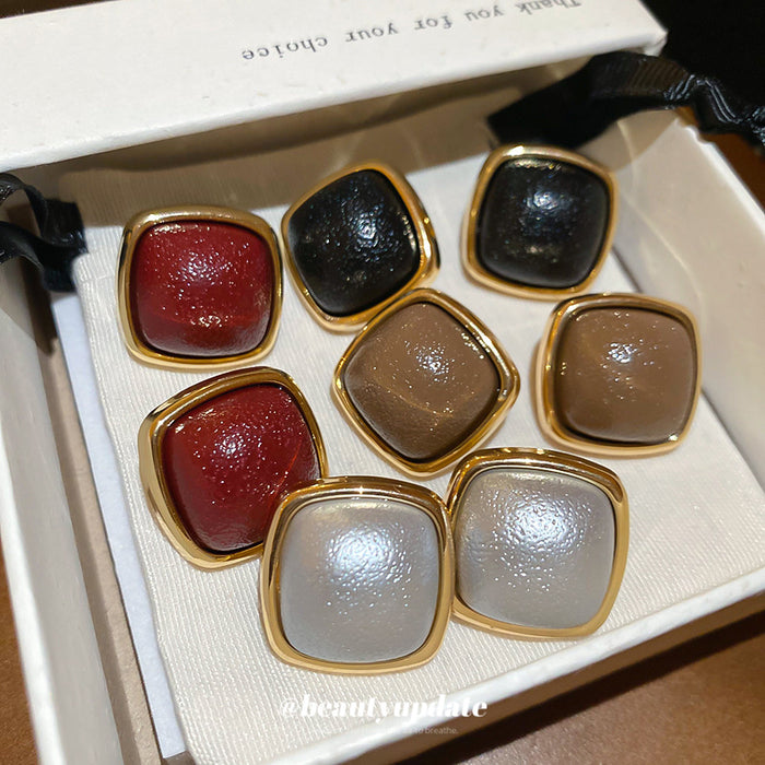 Square Leather Look Gold Tone Stud Statement Earrings