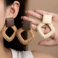 Cream and Caramel Woven Irregular Open Square Stud Earrings view 1