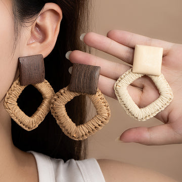 Cream and Caramel Woven Irregular Open Square Stud Earrings