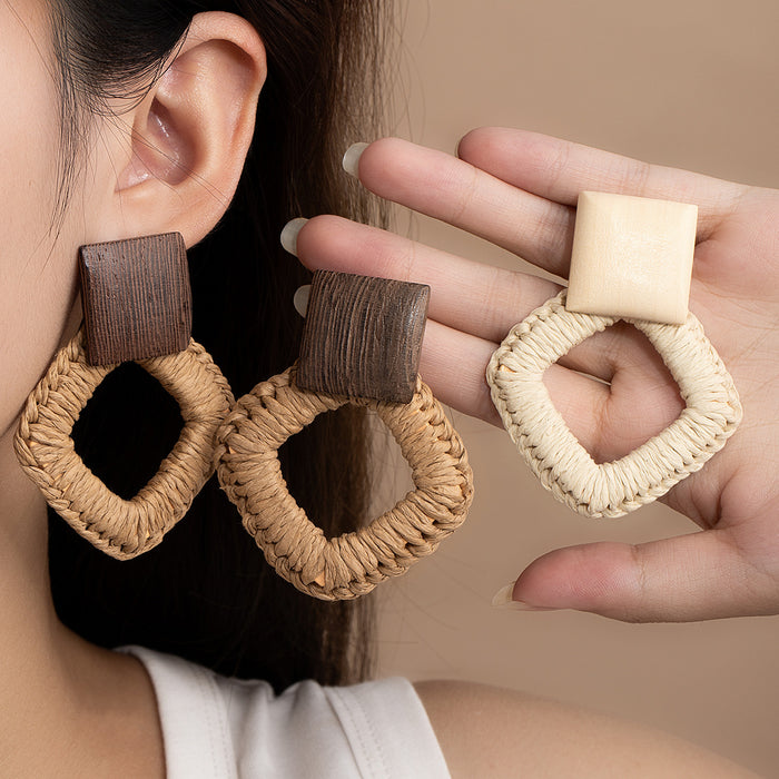 Cream and Caramel Woven Irregular Open Square Stud Earrings