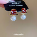 Red Enamel Square and Faux Pearl Drop Huggie Earrings view 2