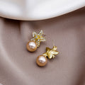 Clear Look Flower and Champagne Pearl Look Drop Earrings view 2