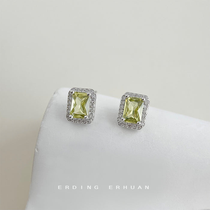 Silver Tone Olive Green Rectangle Stone Clear Halo Stud Earrings