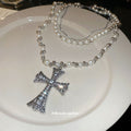Double Strand Pearl Rhinestone Cross Pendant Necklace view 4