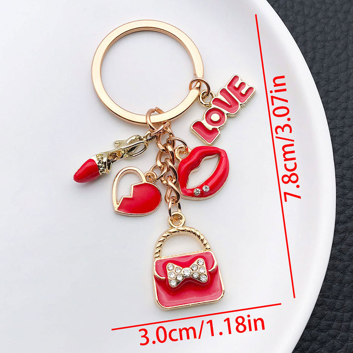 Red Love Lips Handbag and Heart Metal Keychain Set