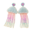 Blue Beaded Jellyfish Drop Earrings With Pastel Fringe Tassels view 5