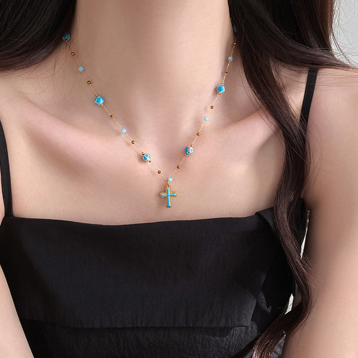 Blue Bead Cross Pendant Necklace with Gold Tone Chain