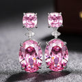 Pink Oval and Square Crystal Drop Earrings in Silver Tone view 2