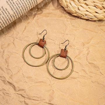 Brown Leather Square and Double Circle Hook Earrings