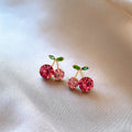 Pink Crystal Cherry Stud Earrings With Green Leaves view 4