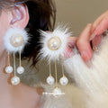 Fuzzy Pom Pom and Pearl Drop Earrings in Beige and White view 3