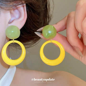 Green Round Bead and Yellow Open Circle Drop Earrings