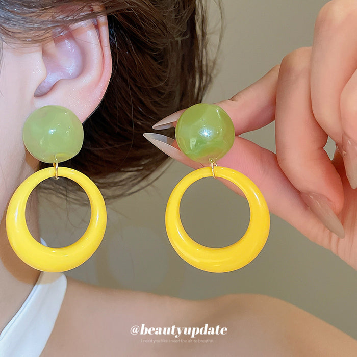 Green Round Bead and Yellow Open Circle Drop Earrings
