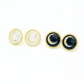 Gold Tone Round Crescent Moon Stud Earrings in Black and White view 1