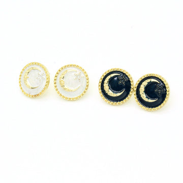 Gold Tone Round Crescent Moon Stud Earrings in Black and White
